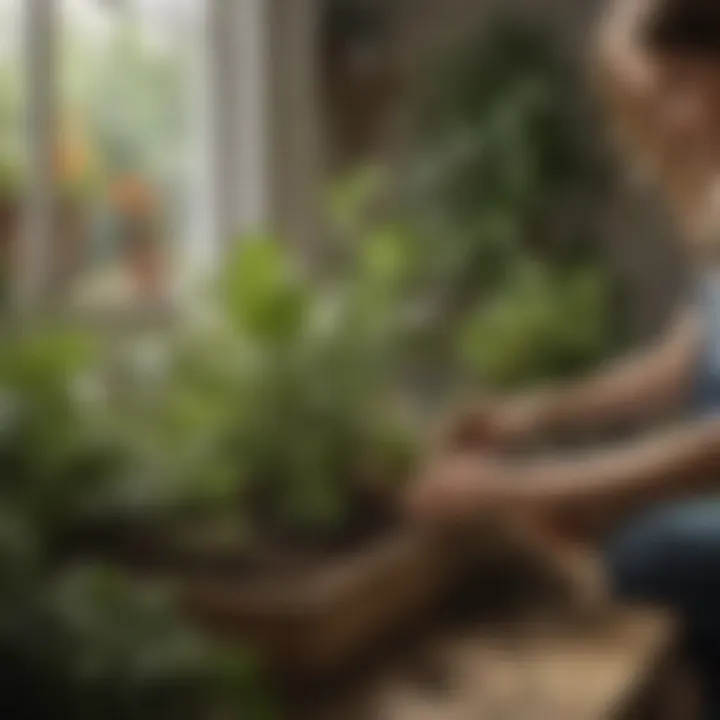 Gardener nurturing young plants in a home garden