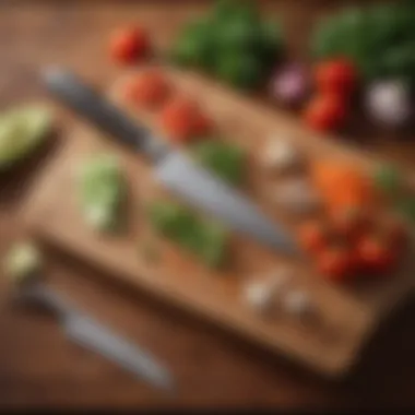 Santoku knife in action, cutting through fresh vegetables on a wooden cutting board