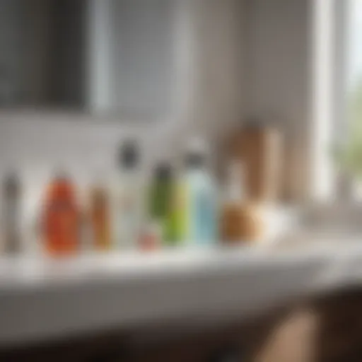 Array of cleaning supplies organized on a bathroom counter