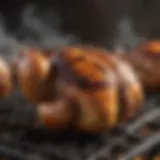 Grilled chicken on a barbecue grill with smoke rising