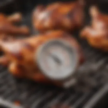 Meat thermometer inserted in barbecue chicken for temperature check