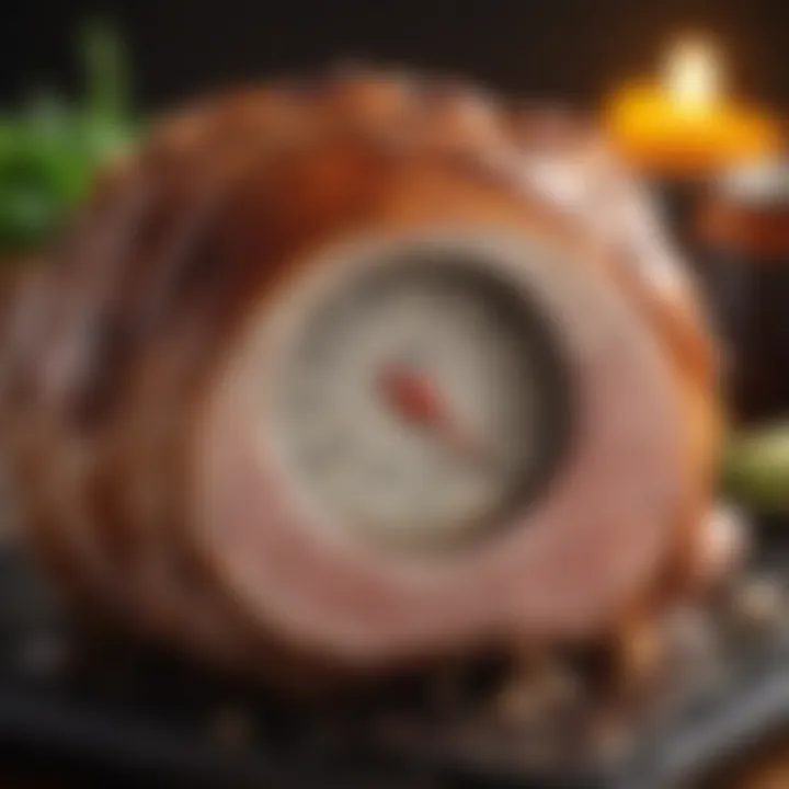 Digital meat thermometer inserted in pork roast