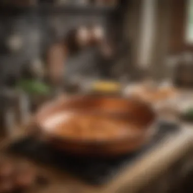 Historical copper cookware displayed in a vintage kitchen