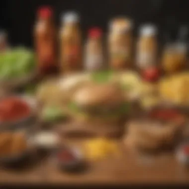 Ingredients for Big Mac Sauce An organized array of fresh ingredients used to create Big Mac sauce, including mayonnaise, relish, and spices, displayed on a wooden countertop.