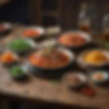 An artistic arrangement of various Elijah Craig-based dishes on a rustic table.