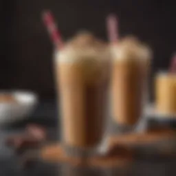 A vibrant cold coffee drink garnished with cocoa powder and chocolate shavings