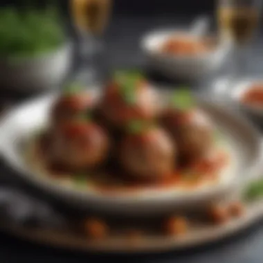 Artful Presentation of Gourmet Meatballs A beautifully plated dish of meatballs garnished with herbs and sauce