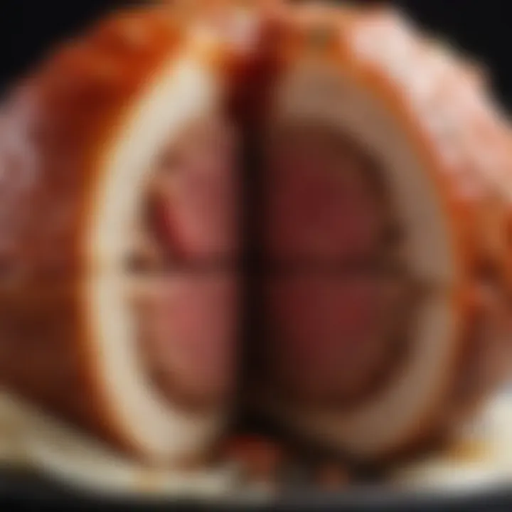 A detailed view of a meatball cross-section revealing its juicy texture