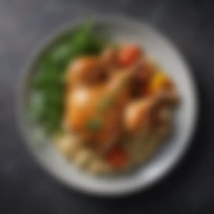 Artful arrangement of plant-based chicken dish garnished with fresh herbs.