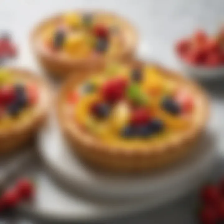 An assortment of fresh fruits elegantly arranged on a custard tart