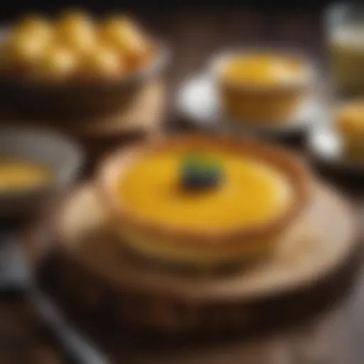 A perfectly golden custard tart resting on a rustic wooden table