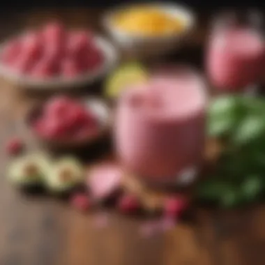 Ingredients for Keto Pink Drink An array of ingredients for the keto pink drink on a wooden table