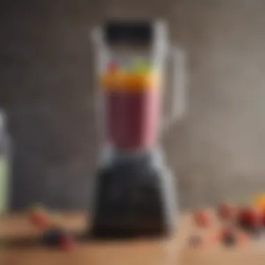 A blender with a colorful protein smoothie being blended