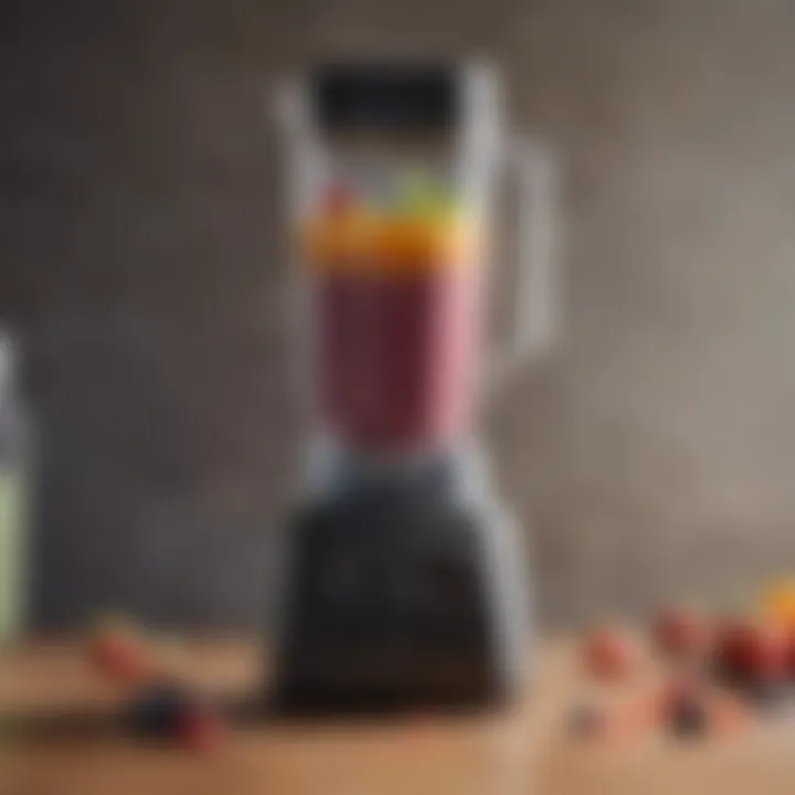 A blender with a colorful protein smoothie being blended