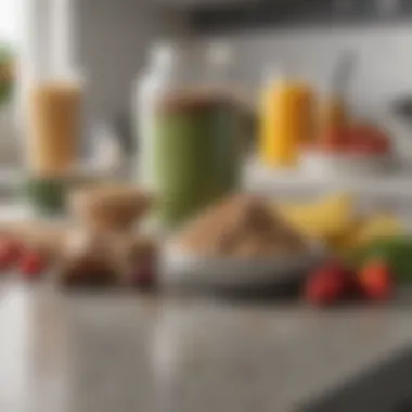 A selection of protein powders and supplements on a kitchen countertop