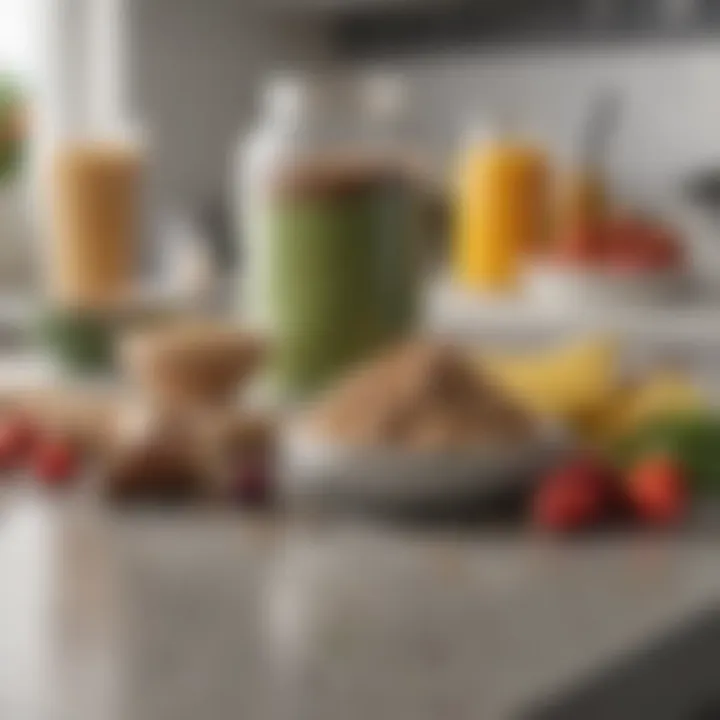 A selection of protein powders and supplements on a kitchen countertop