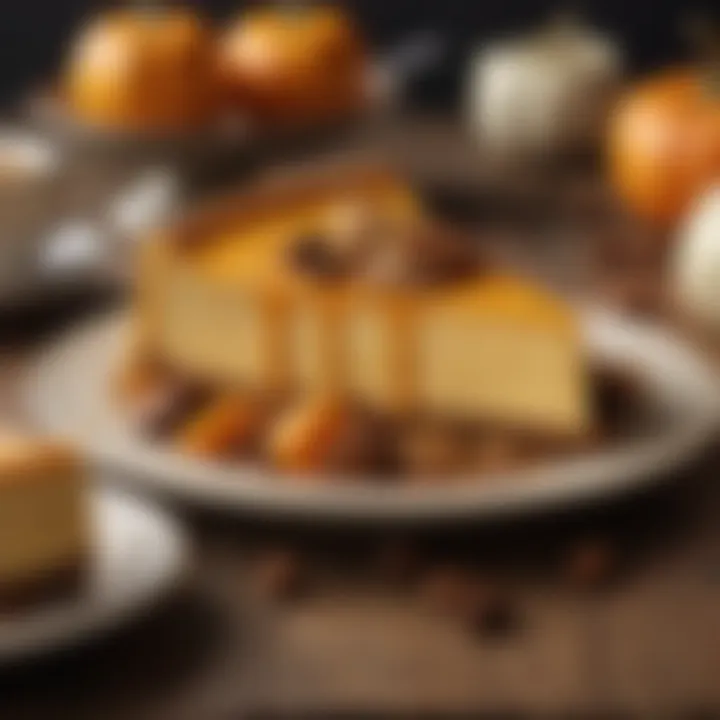 A beautifully plated slice of pumpkin cheesecake garnished with seasonal decorations