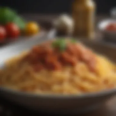 A beautifully garnished bowl of spaghetti topped with rich sauce.