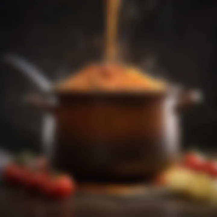 A rustic pot filled with simmering sauce, releasing aromatic steam.