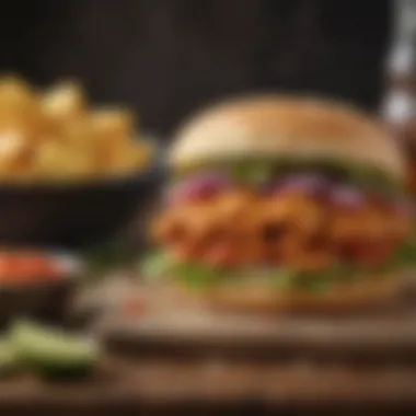 A Culinary Presentation of a Spicy Chicken Sandwich A beautifully plated spicy chicken sandwich with garnishes