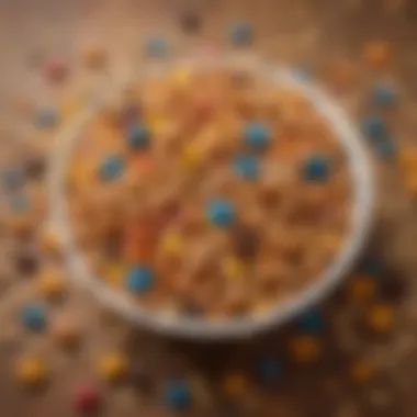 A vibrant bowl of Cheerios party mix adorned with colorful ingredients