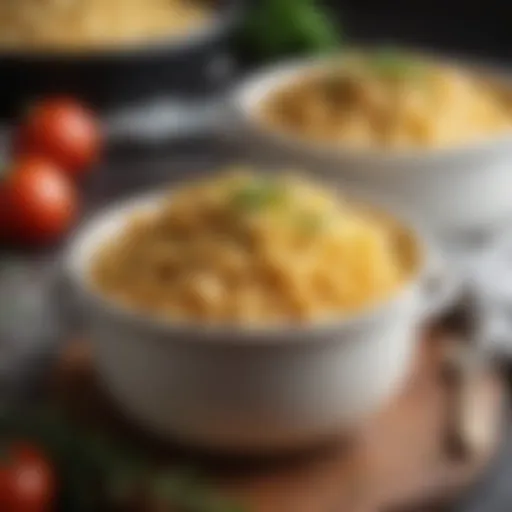 A rich and creamy bowl of crockpot macaroni cheese garnished with herbs