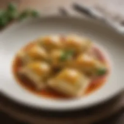 An elegant dish of ravioli with a rich sauce garnished with herbs