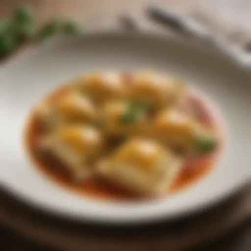 An elegant dish of ravioli with a rich sauce garnished with herbs