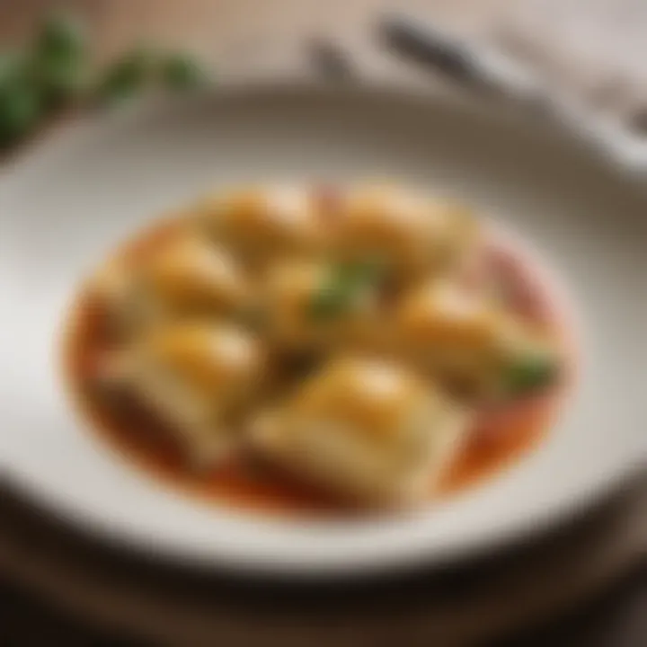 An elegant dish of ravioli with a rich sauce garnished with herbs