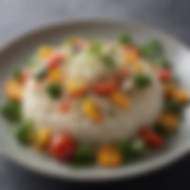 An elegant dish featuring low sugar rice paired with vibrant vegetables and herbs, beautifully plated.