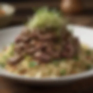 An enticing close-up of a gourmet dish featuring sprouts and seasoned ground lamb