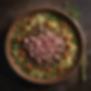 Fresh Ingredients: The Harmony of Sprouts and Ground Lamb An overhead view of fresh sprouts alongside ground lamb in a rustic setting