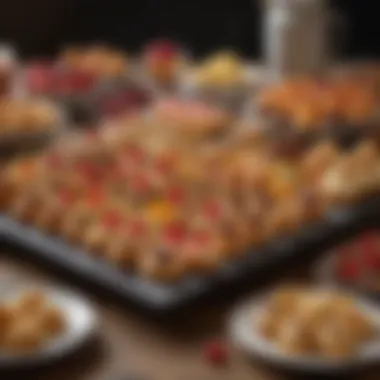 A creatively arranged dessert table featuring mini pastries and finger foods.