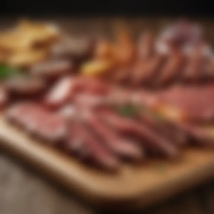 A selection of gourmet meat-based appetizers arranged beautifully on a wooden board.