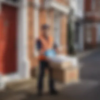 A delivery person carrying a box of cleaning supplies to a doorstep