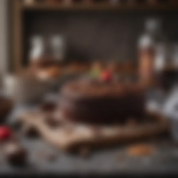 Baking ingredients for chocolate cake laid out on a kitchen counter