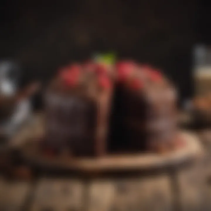 An array of chocolate cake slices on a rustic wooden table