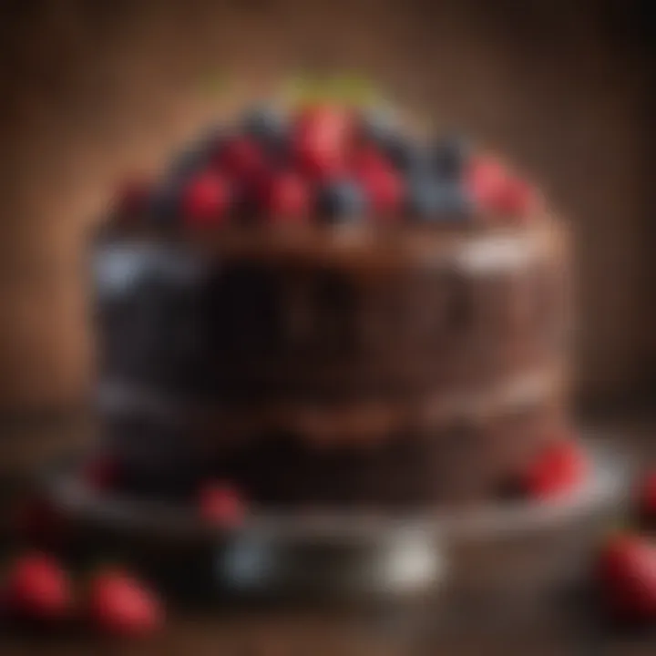 A beautifully decorated chocolate cake with fresh berries and chocolate shavings