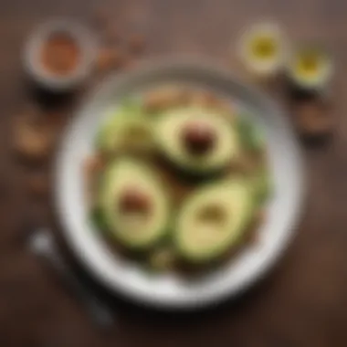 An elegant plate showcasing a balanced meal with healthy fats like avocados, nuts, and olive oil.