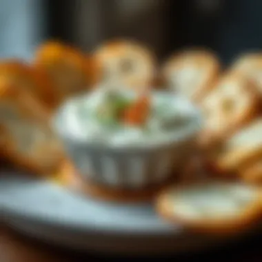 Exquisite artichoke dip garnished with herbs and served with bread