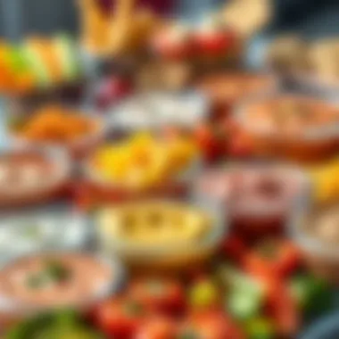 A Colorful Array of Tailgating Dips A vibrant spread of assorted dips and colorful vegetables