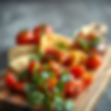 Spicy salsa with fresh herbs and tomatoes on a wooden board