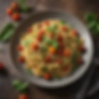 A plate of pasta with fresh herbs and cherry tomatoes