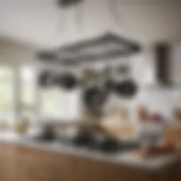 Sleek, modern kitchen featuring a pot rack above an island