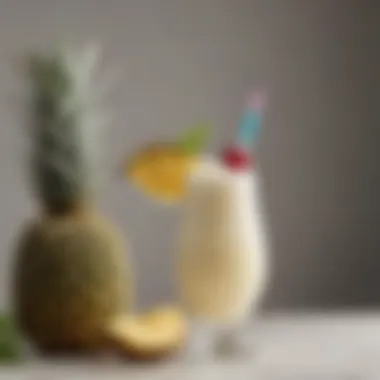 Close-up of a piña colada garnished with a slice of pineapple and a cherry