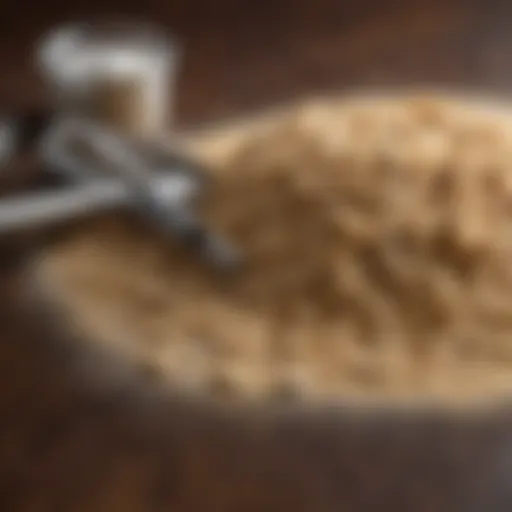 A close-up view of flour and sugar with measuring tools