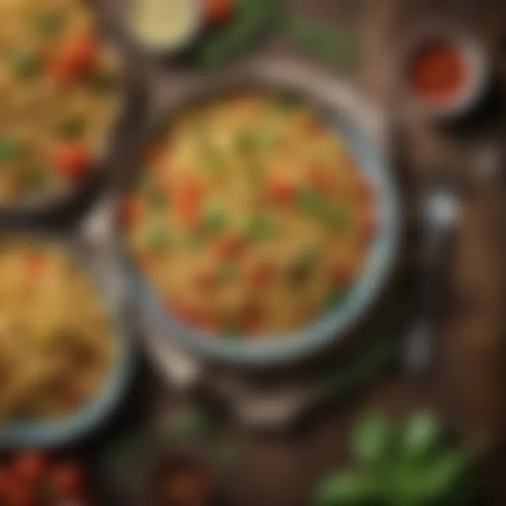A close-up of gluten-free pasta with fresh vegetables and herbs on a rustic table