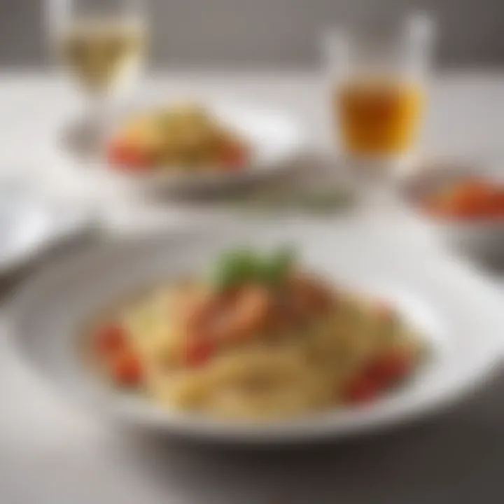 A serene dining setting featuring a gluten-free pasta dish with elegant presentation