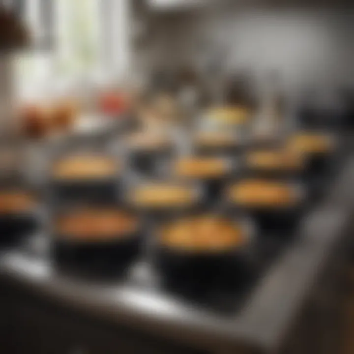 A well-organized kitchen setup featuring various sizes of deep fry pans.