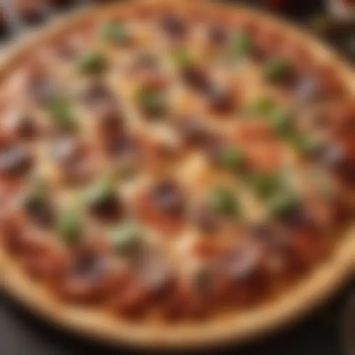 A close-up of a pizza topped with fresh ingredients.